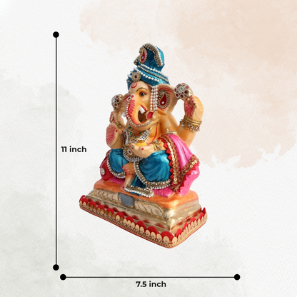 11 Inch – Elegant Seated Ganesha Idol in Blue Dhoti & Pink Shawl | Shadu Mitti Eco-Friendly Murti with Pearl-Adorned Crown & Rich Decorative Finish