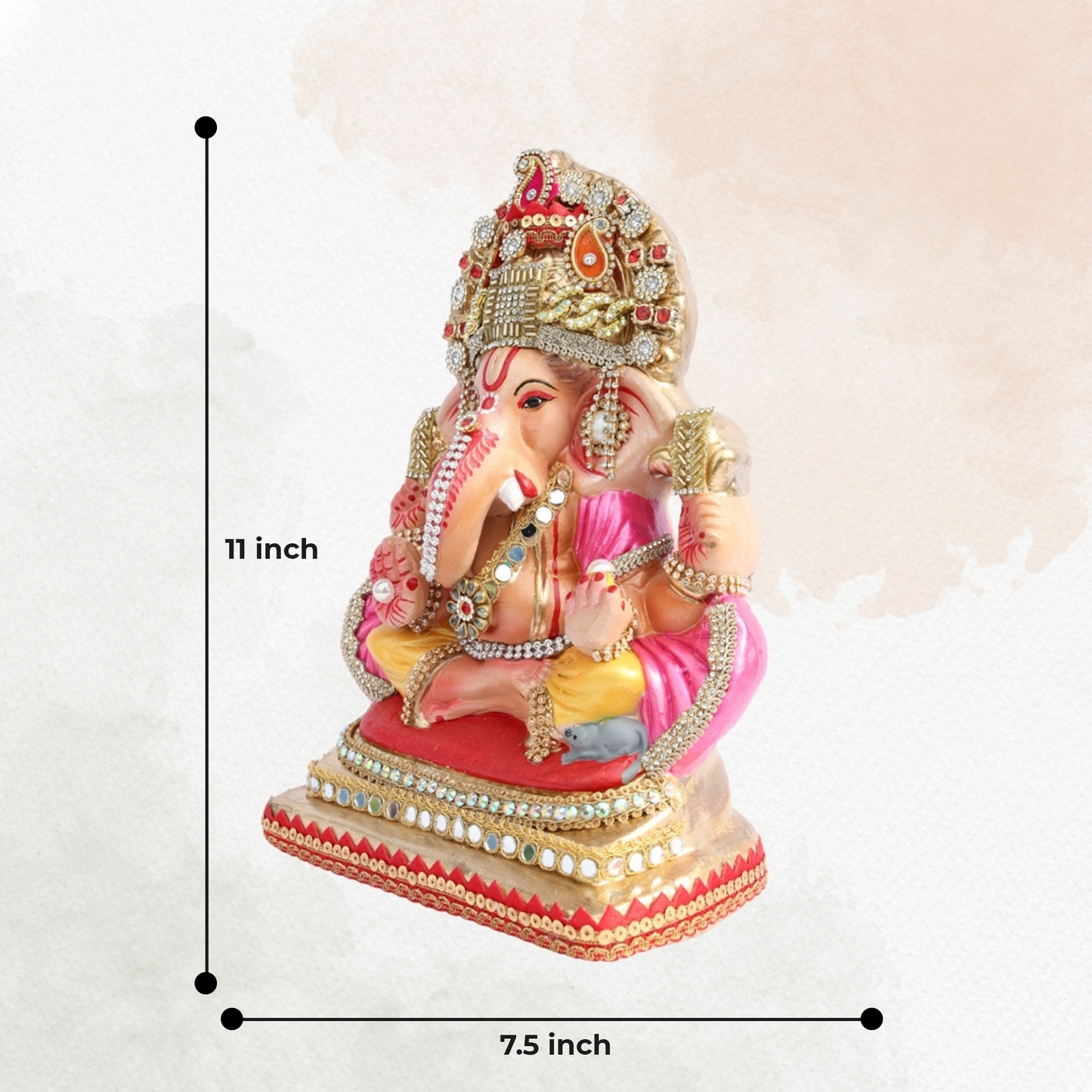 11 Inch – Elegant Seated Ganesha Idol in Pink-Yellow Attire | Shadu Mitti Eco-Friendly Murti with Heavy Golden Crown & Pearl Detailing