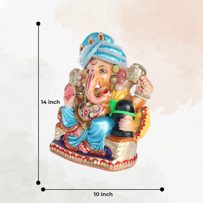 14 Inch – Majestic Blue Turban Ganesha Idol with Shivling | Handcrafted Shadu Mitti Murti | Eco-Friendly & Visarjan Friendly