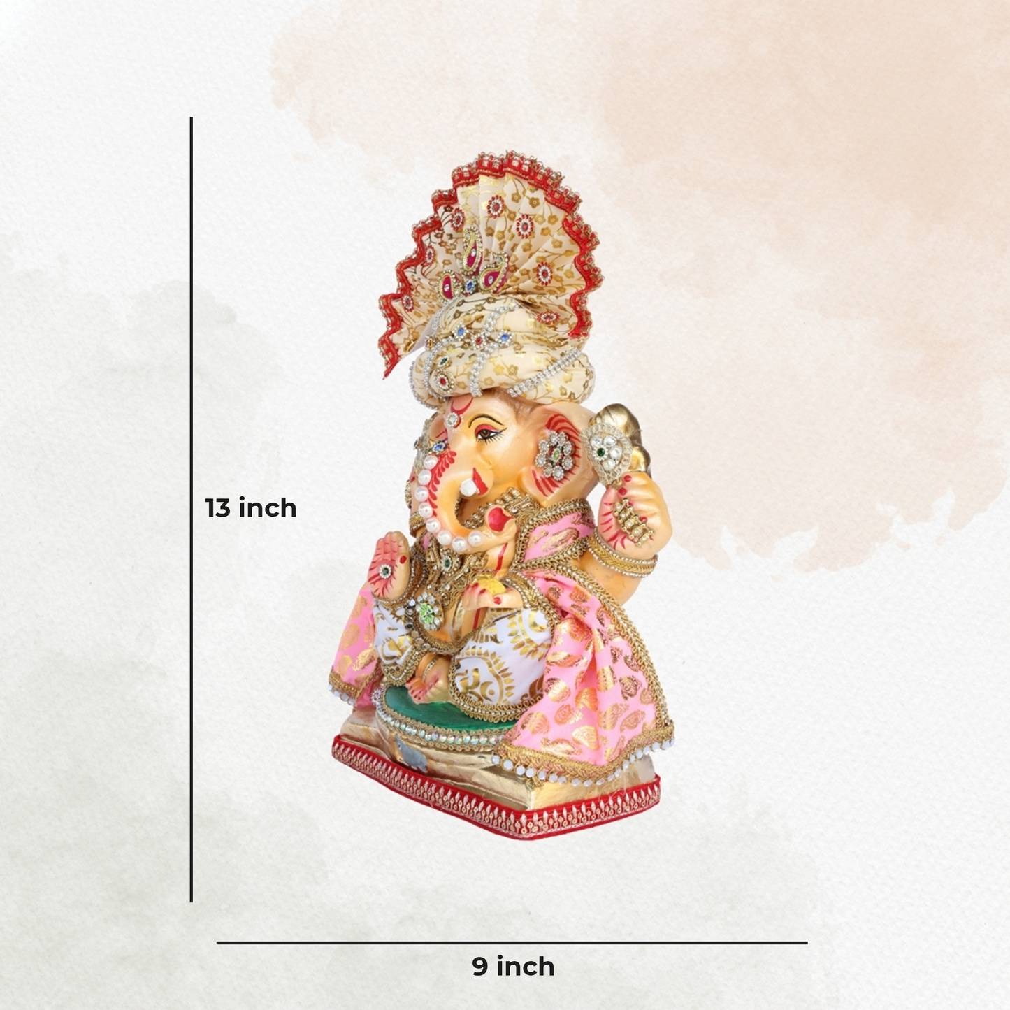 13 Inch – Elegant Cream & Gold Shadu Mitti Ganesha Idol with Royal Pagdi, Fan Crown & Floral Pearl Jewelry