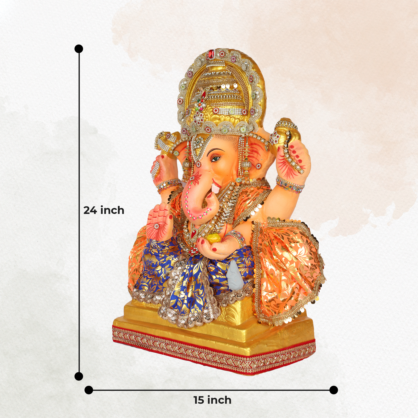 24 Inch – Royal Ganesha Idol in Blue-Gold Floral Attire | Shadu Mitti Murti with Ornate Golden Crown & Eco-Friendly Finish