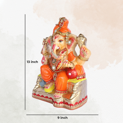 13 Inch – Regal Seated Ganesha Idol in Orange Attire – Shadu Mitti Clay Murti with Red Pagdi & Stone Work