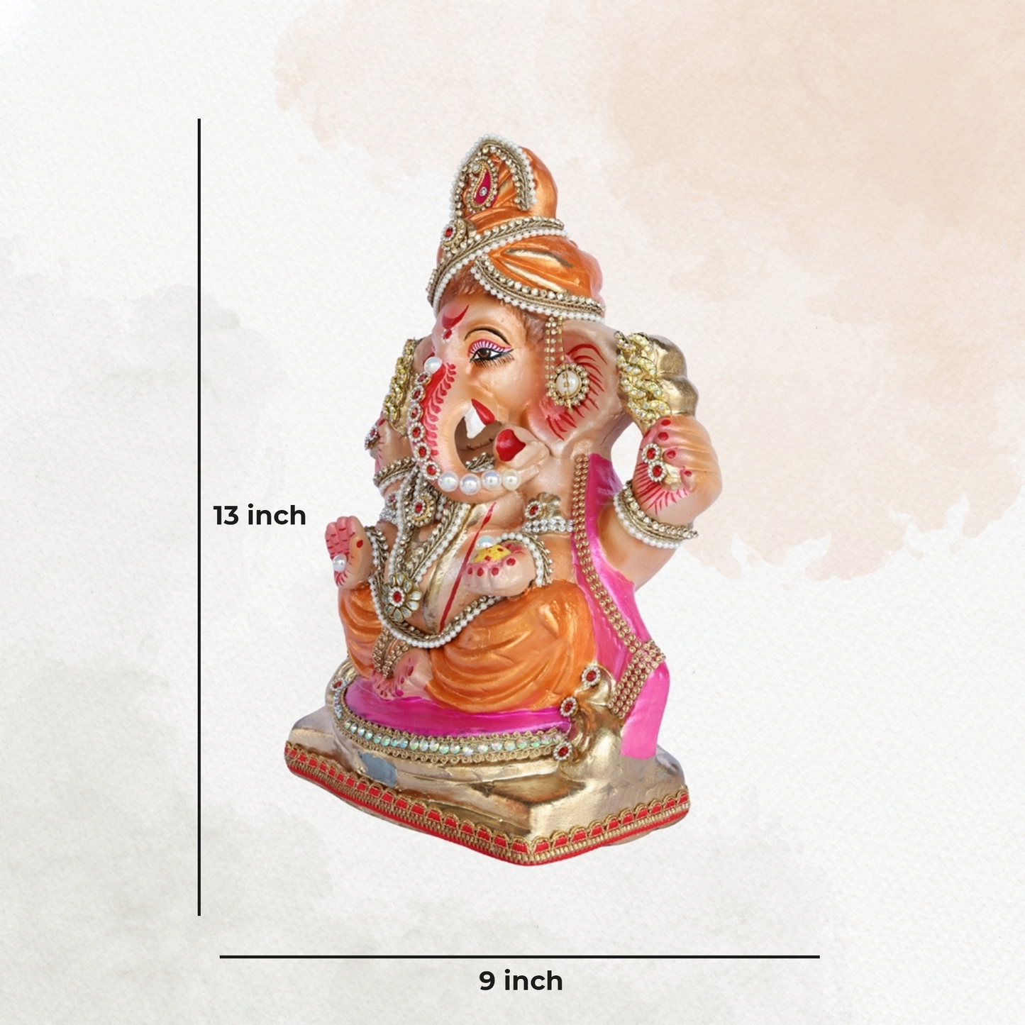 13 Inch – Regal Seated Ganesha Idol in Orange-Pink Attire Shadu Mitti Clay Murti with Gold Crown & Stone Work