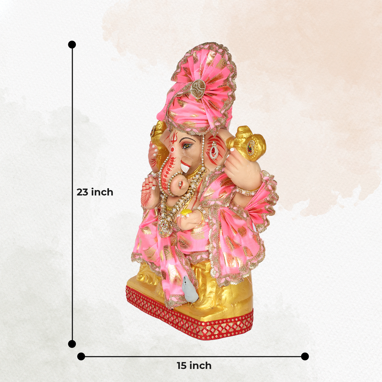 23 Inch – Regal Seated Ganesha Idol in Pink & Gold Attire | Shadu Mitti Clay Murti with Fan-Style Pagdi & Designer Pearl Work
