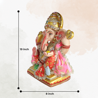 19 Inch – Eco-Friendly Ganesha Idol in Royal Red & Pink Robes | Shadu Mitti Murti with Modak & Crown Design