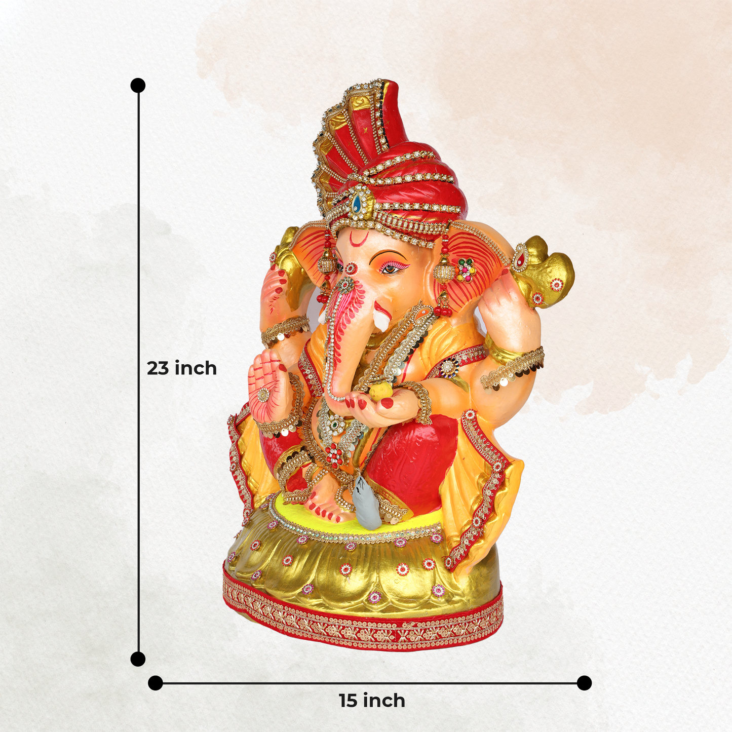 23 Inch – Royal Red & Yellow Ganesha Idol | Shadu Mitti Murti with Crown Pagdi & Golden Base