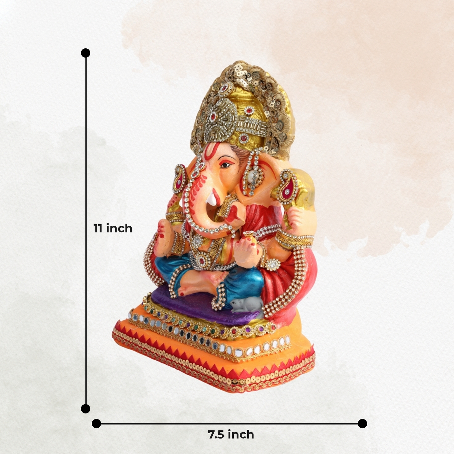 11 Inch – Majestic Seated Ganesha Idol in Blue Dhoti & Red Shawl | Shadu Mitti Eco-Friendly Clay Murti with Grand Gold Crown & Purple Elevated Pedestal Base