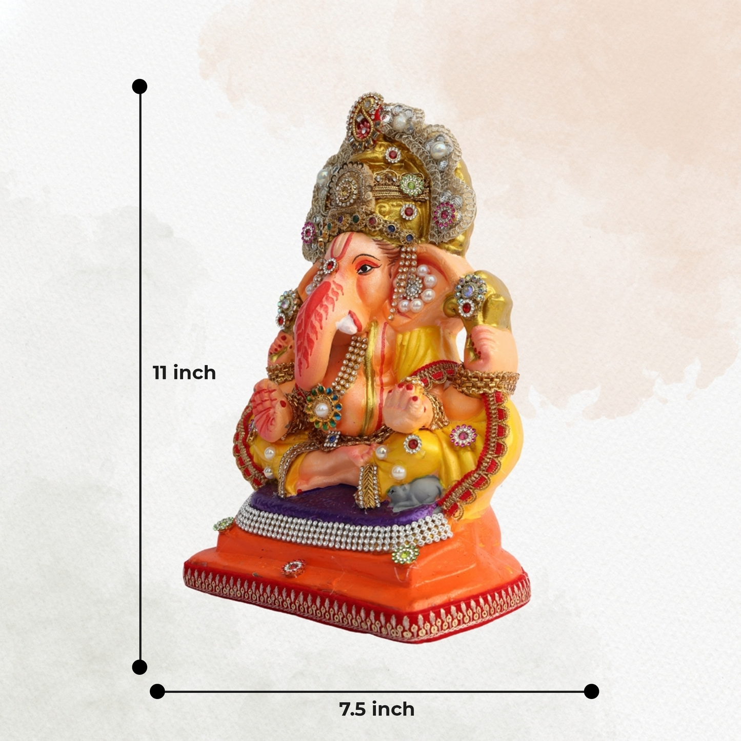 11 Inch – Divine Seated Ganesha Idol in Yellow Attire | Shadu Mitti Clay Murti with Silver Crown & Multistone Work