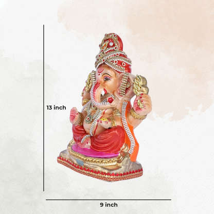 13 Inch – Regal Red Ganesha Idol | Embellished Crown & Jewelry | Eco-Friendly Shadu Mitti Murti