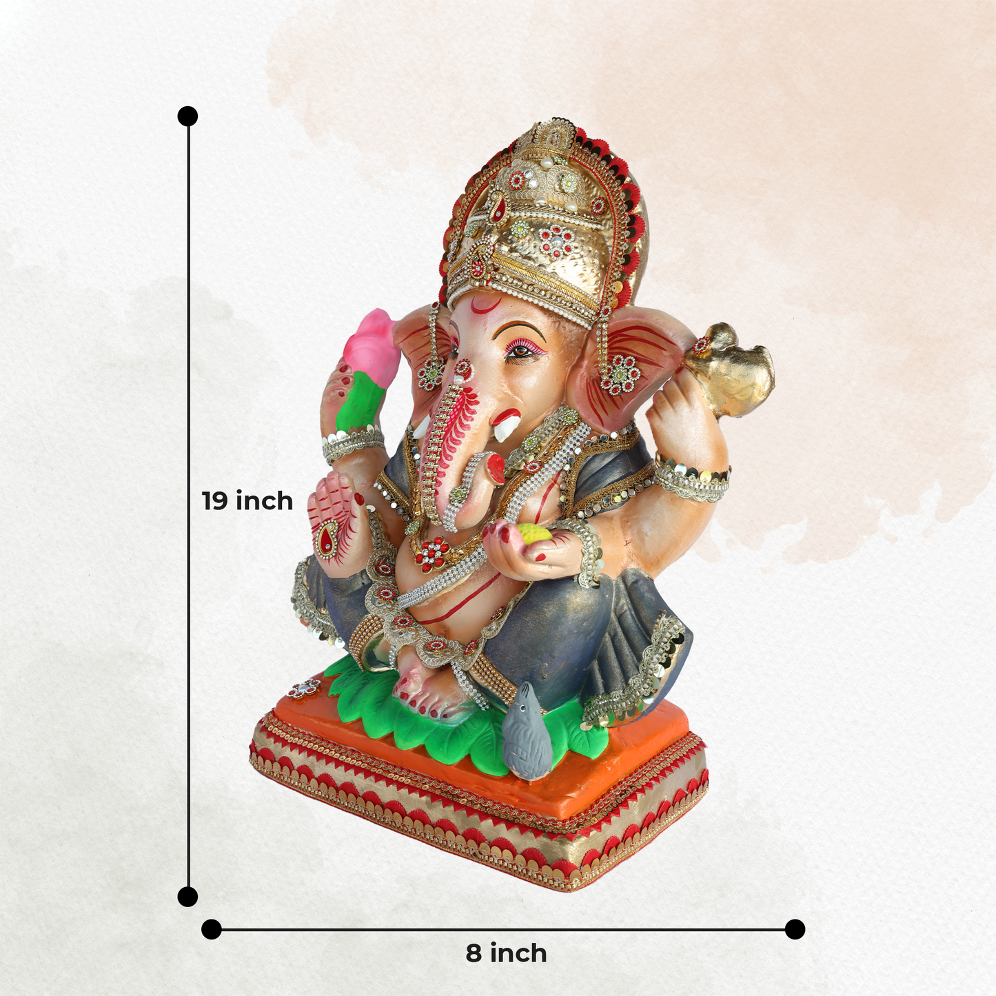 19 Inch – Regal Seated Grey Ganesha Idol with Lotus in Hand | Shadu Mitti Eco-Friendly Murti in Metallic Grey Attire with Royal Crown & Mouse on Base