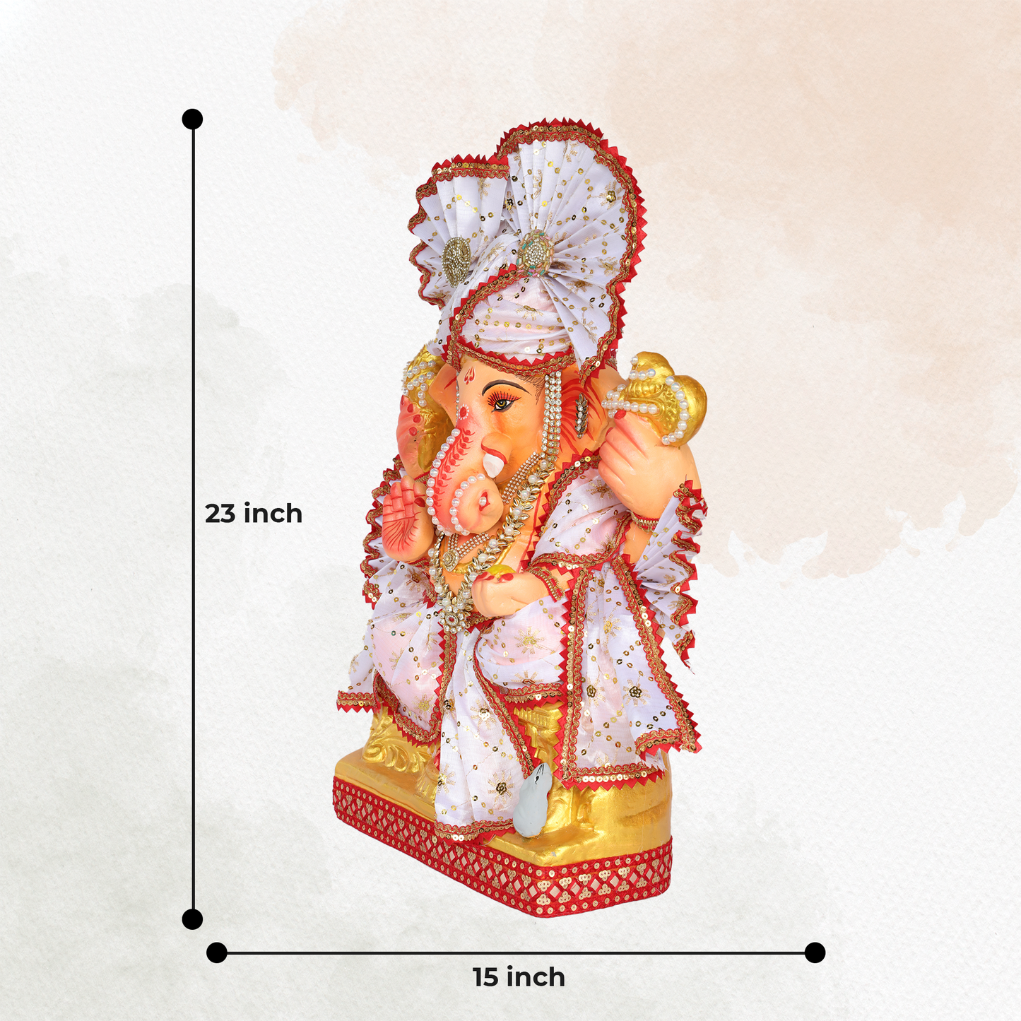 23 Inch – Divine White Ganesha Idol in Shadu Mitti | Eco-Friendly Murti with Pearl-Stone Work & Majestic Fan-Style Pagdi