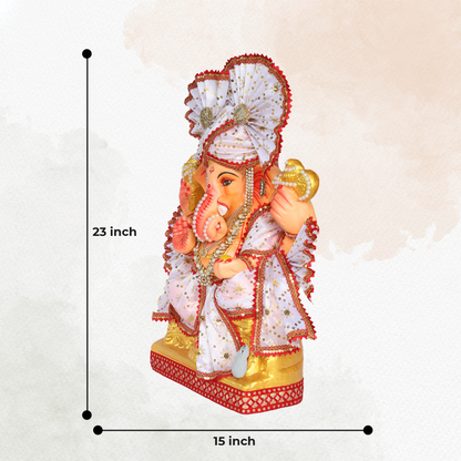 23 Inch – Divine White Ganesha Idol in Shadu Mitti | Eco-Friendly Murti with Pearl-Stone Work & Majestic Fan-Style Pagdi