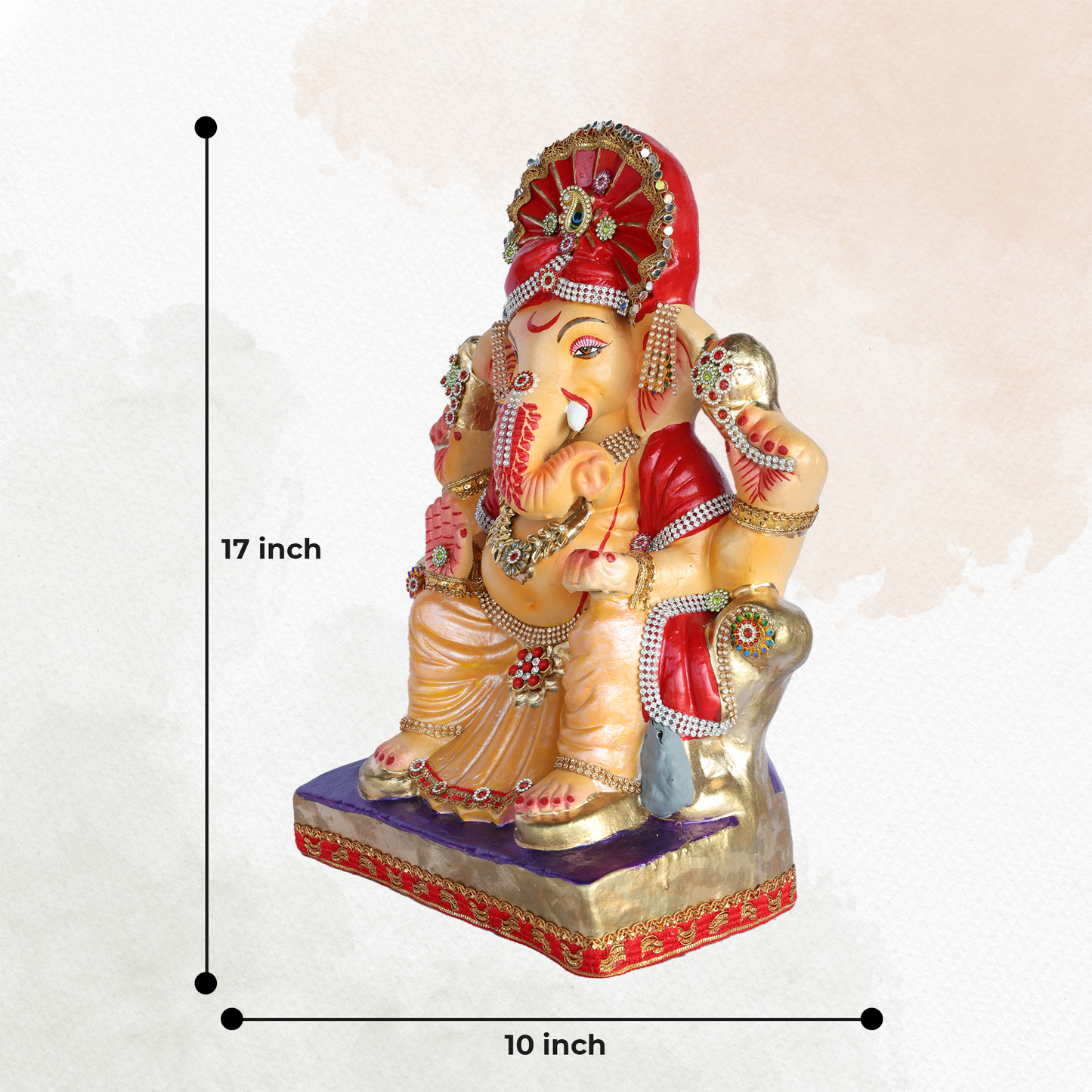 17 Inch – Divine Seated Ganesha Idol in Yellow Dhoti | Eco-Friendly Shadu Mitti Murti with Red Pagdi & Kundan Stone Work