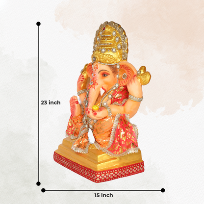 23 Inch – Traditional Seated Ganesha Idol in Red & Orange Floral Attire | Shadu Mitti Clay Murti with Golden Crown & Pearl Jewelry