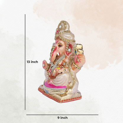 13 Inch – Divine White & Gold Ganesha Idol | Embellished Crown & Beads | Eco-Friendly Clay Murti