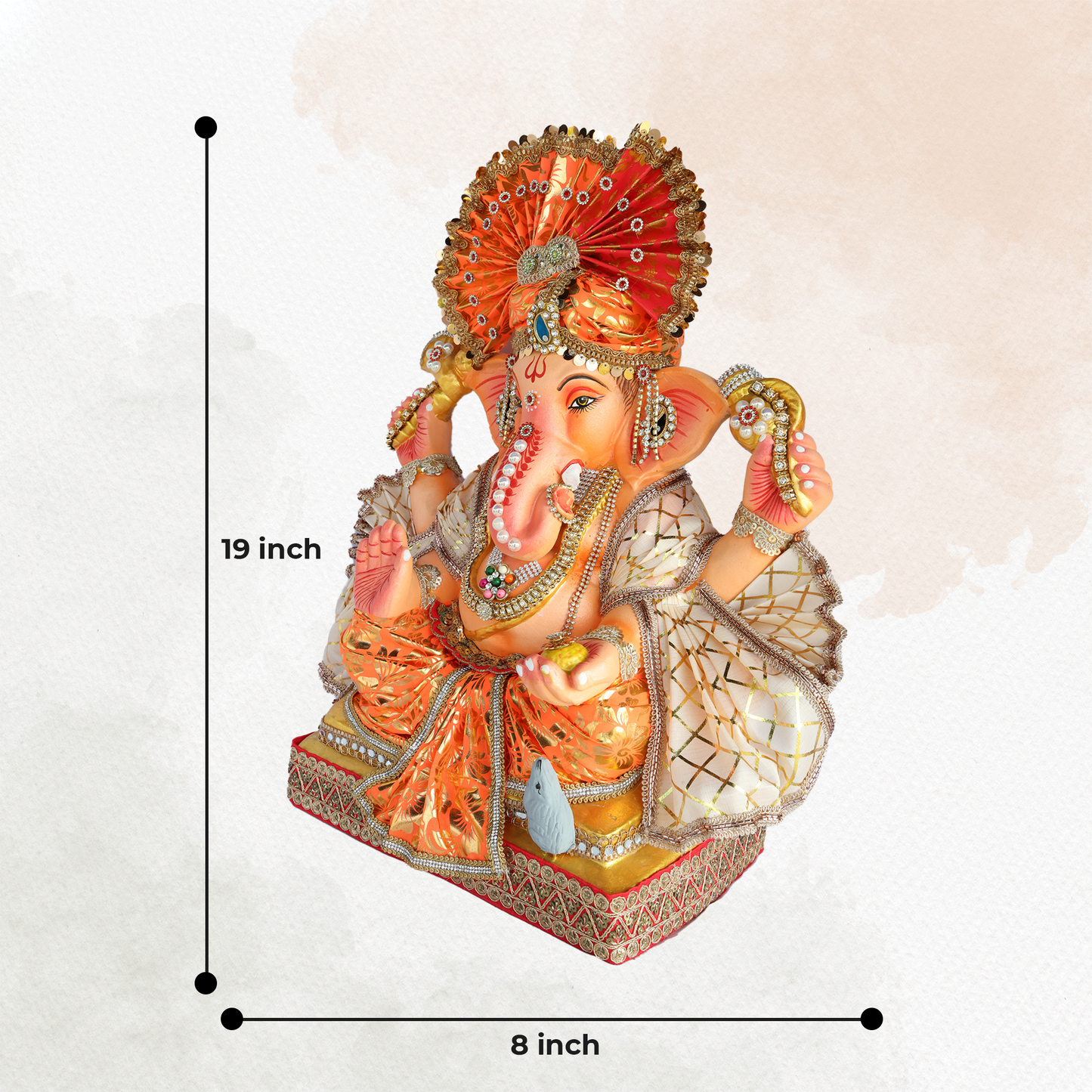 19 Inch – Grand Seated Ganesha Idol in Orange Foil Attire – Shadu Mitti Clay Murti with Designer Fan Mukut & Stone Work