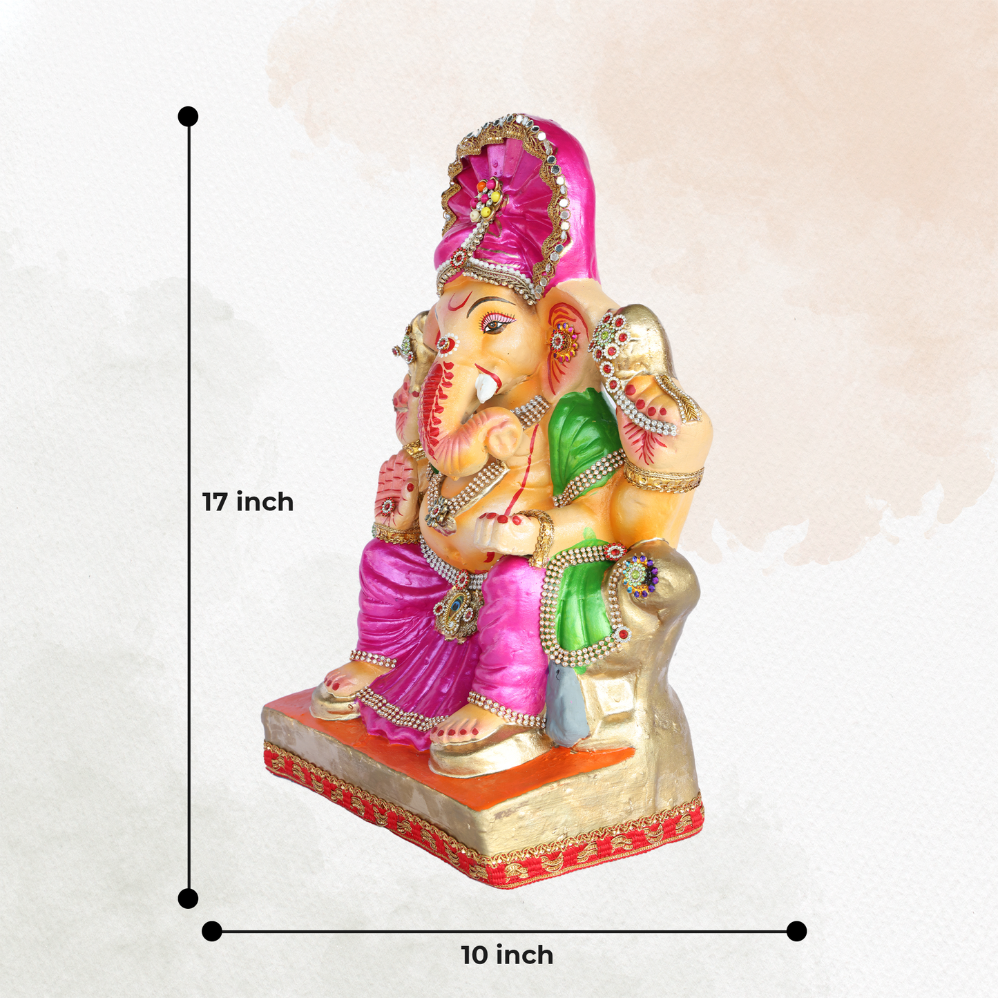 17 Inch – Seated Ganesha Idol in Rani Pink Attire | Eco-Friendly Shadu Mitti Murti with Fan-Style Pagdi & Kundan Jewelry