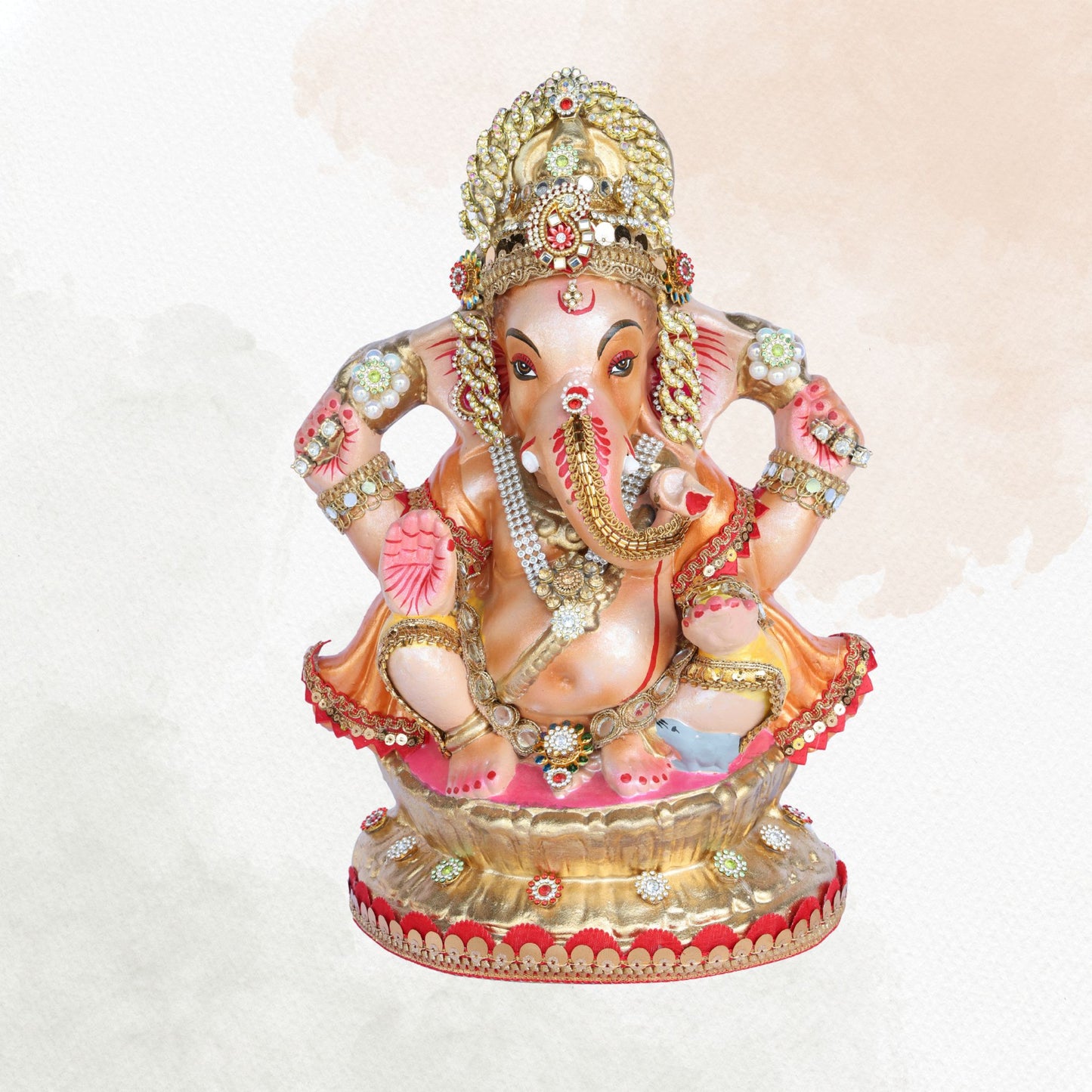13 Inch – Eco-Friendly Shadu Mitti Lord Ganesha Idol | Golden Crown with Pearl & Kundan Work | Biodegradable Ganpati Murti for Ganesh Chaturthi & Visarjan